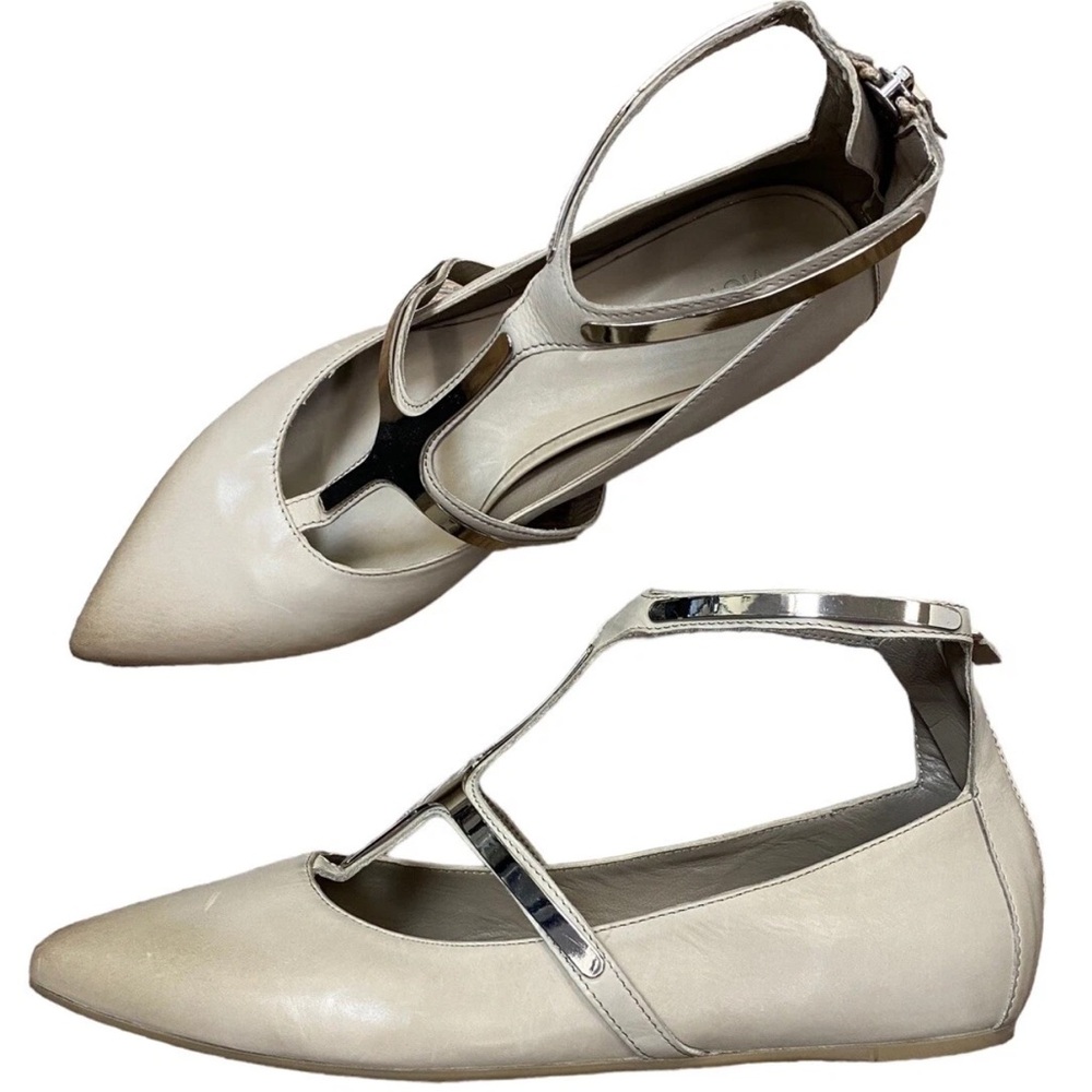 VIC MATIE Sz 37.5 Shoes Beige cream Leather Silver Metal Detail Ankle Wrap Fall